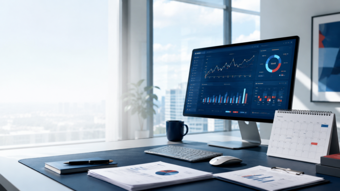 Tableau de bord financier affiché sur un écran de bureau, avec calendrier mensuel et rapports comptables